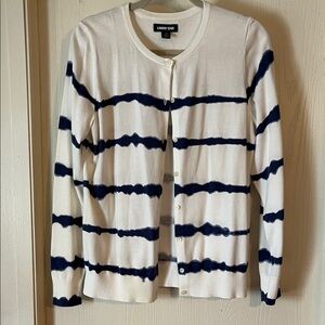 Lands' End Women's Navy and White Striped Cardigan Medium NWT